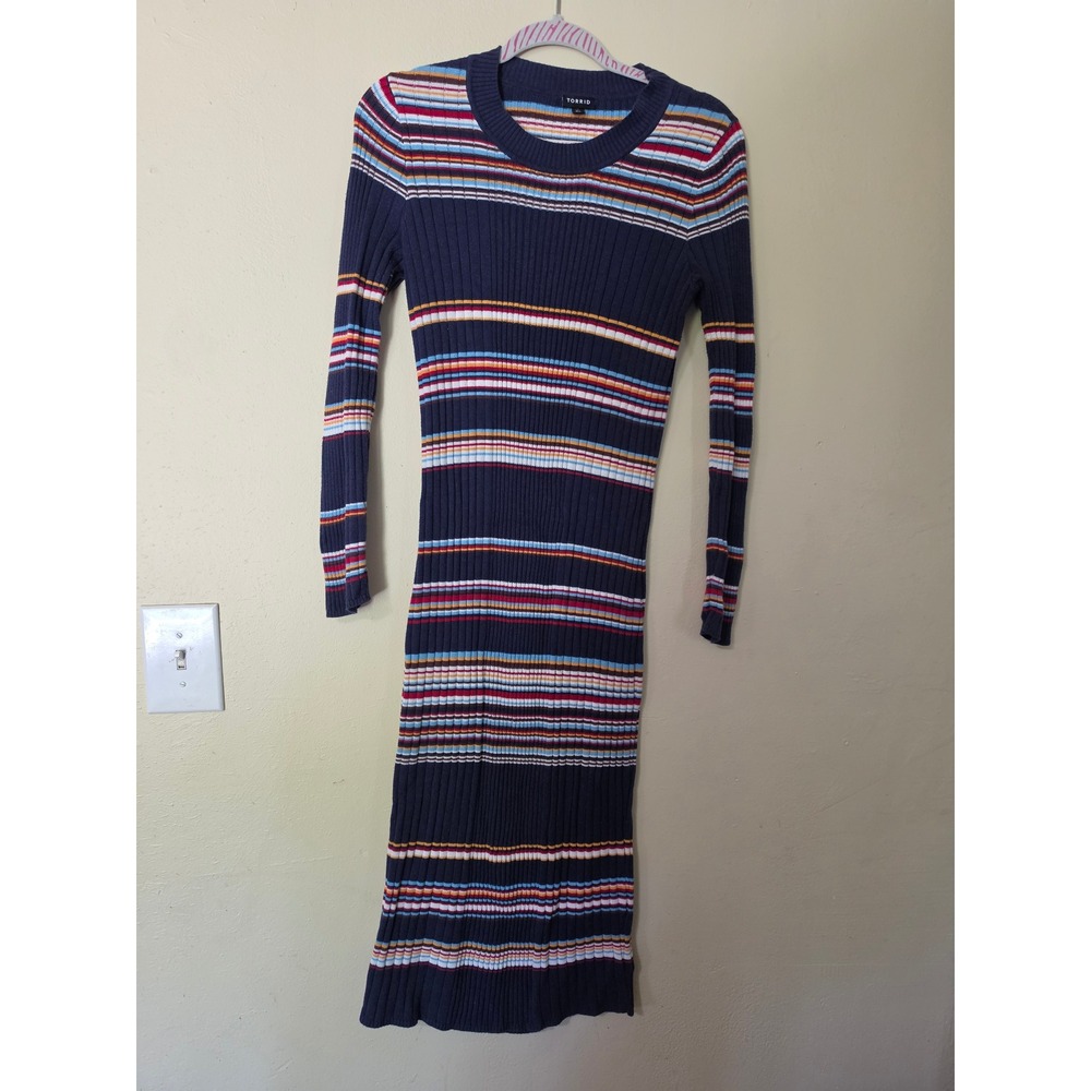 Torrid Navy Blue Striped Ribbed Knit Long Sleeve Midi Sweater Dress Size 00 M L